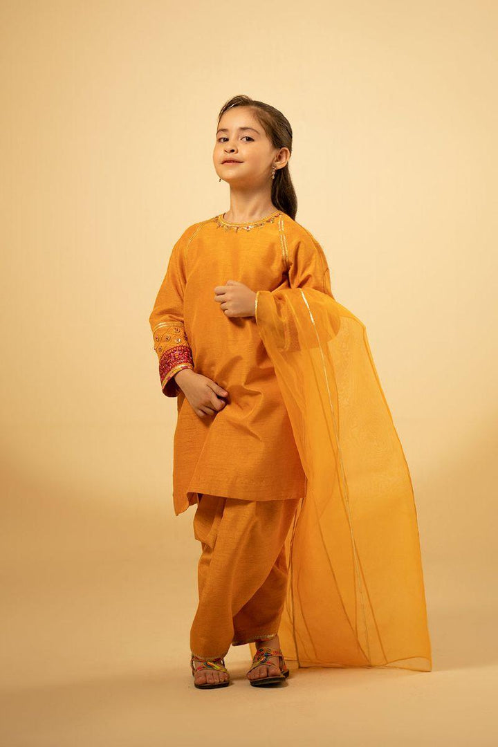 Fozia Khalid Kids - Luxe Amber - Mustard - Raw Silk - 3 Piece