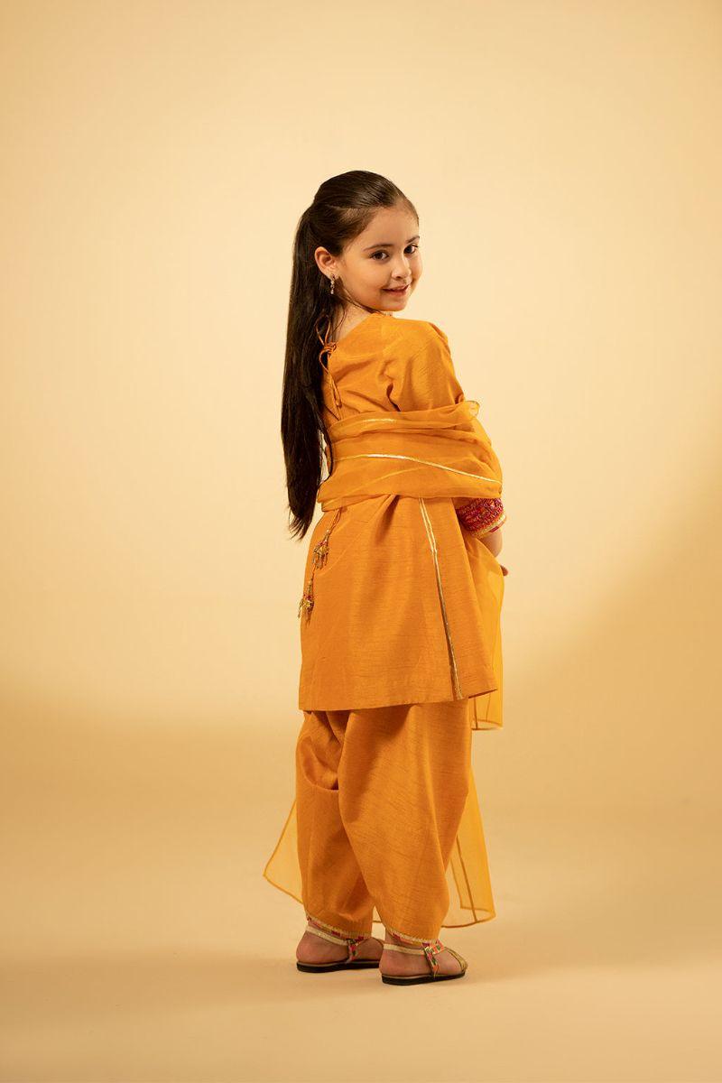 Fozia Khalid Kids - Luxe Amber - Mustard - Raw Silk - 3 Piece