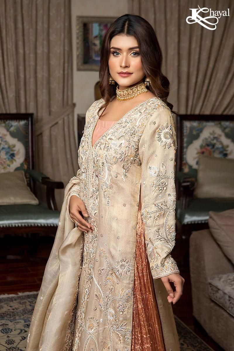 Khayal BY SHAISTA HASSAN - Champaign Front Open Coat with Peach Crinkle Lehanga - 3 Piece - Studio by TCS