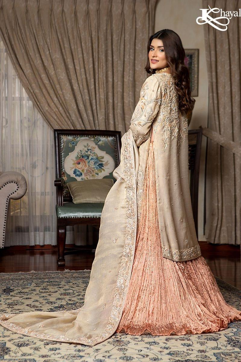 Khayal BY SHAISTA HASSAN - Champaign Front Open Coat with Peach Crinkle Lehanga - 3 Piece - Studio by TCS