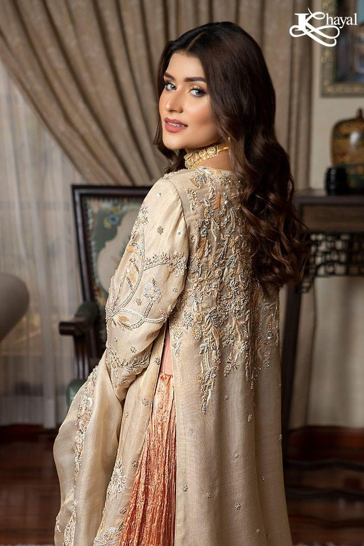 Khayal BY SHAISTA HASSAN - Champaign Front Open Coat with Peach Crinkle Lehanga - 3 Piece - Studio by TCS