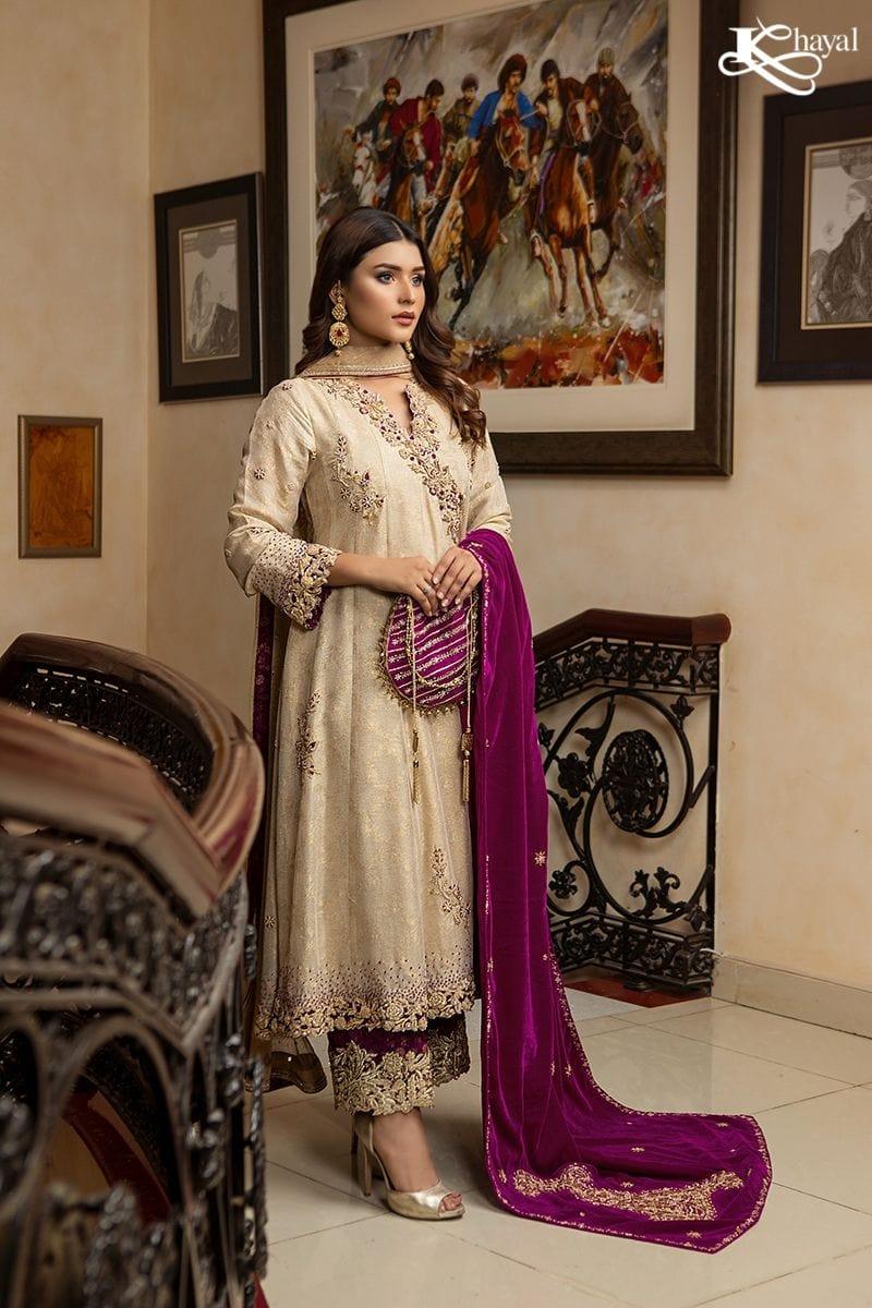 Khayal BY SHAISTA HASSAN - Gold maisuri angarkha with plum izaar - 3 Piece - Studio by TCS