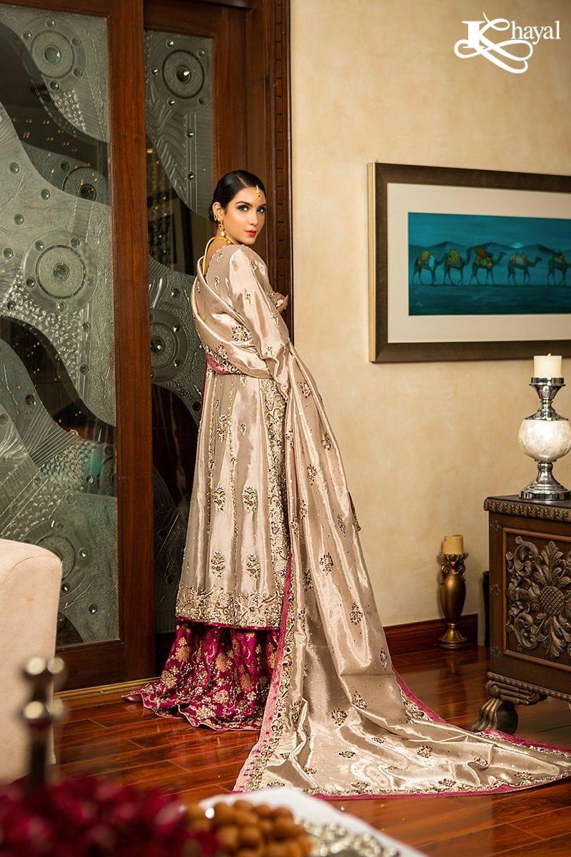 Khayal BY SHAISTA HASSAN - Champaign with Magenta Gharara - 3 Piece - Studio by TCS