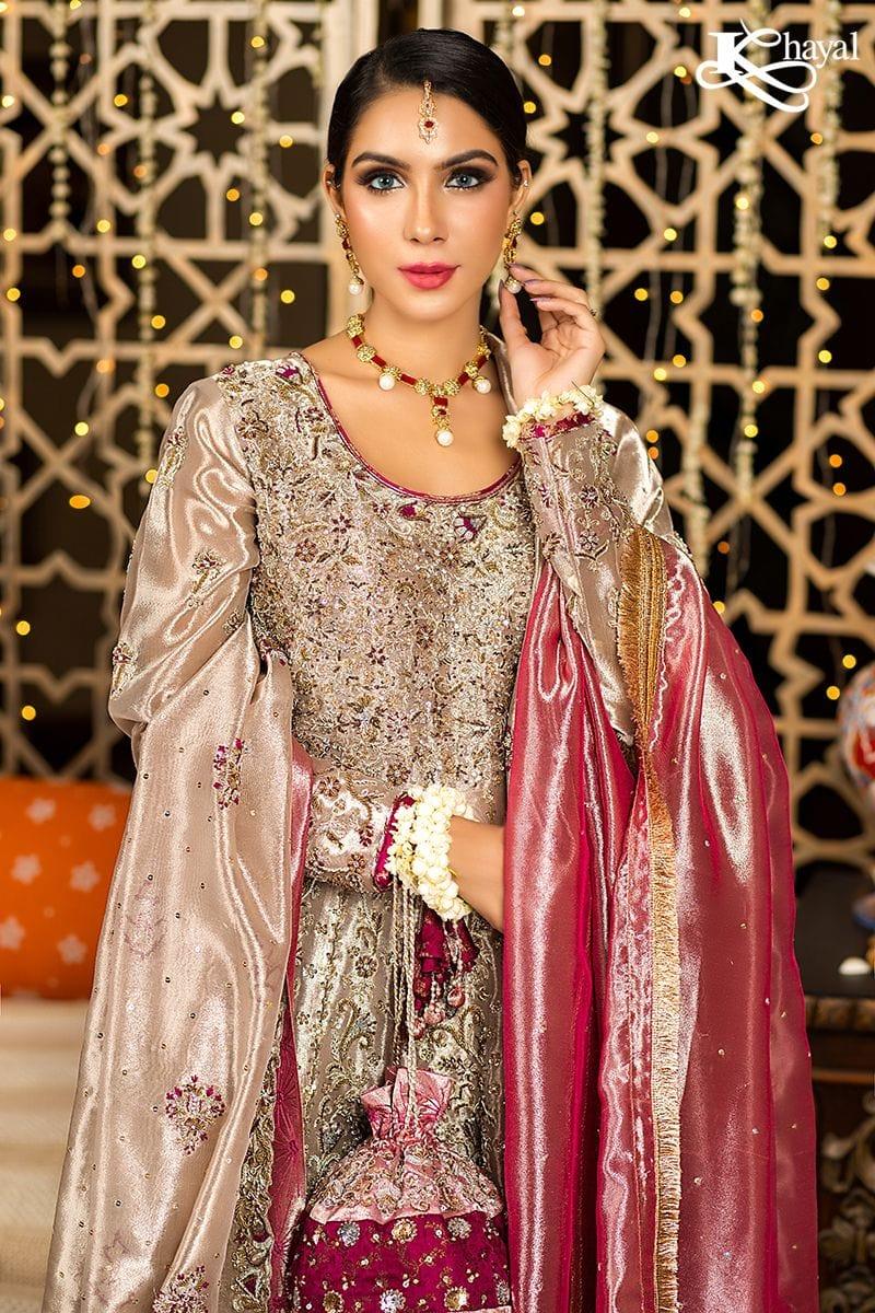 Khayal BY SHAISTA HASSAN - Champaign with Magenta Gharara - 3 Piece - Studio by TCS