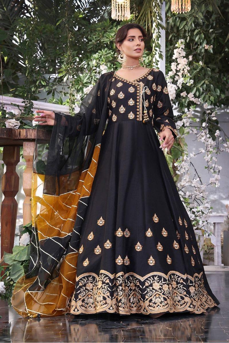 Sanas - Zari Mirror Embroidered Angharka Style Long Maxi - ZEENAT - M202226 - Black - Studio by TCS