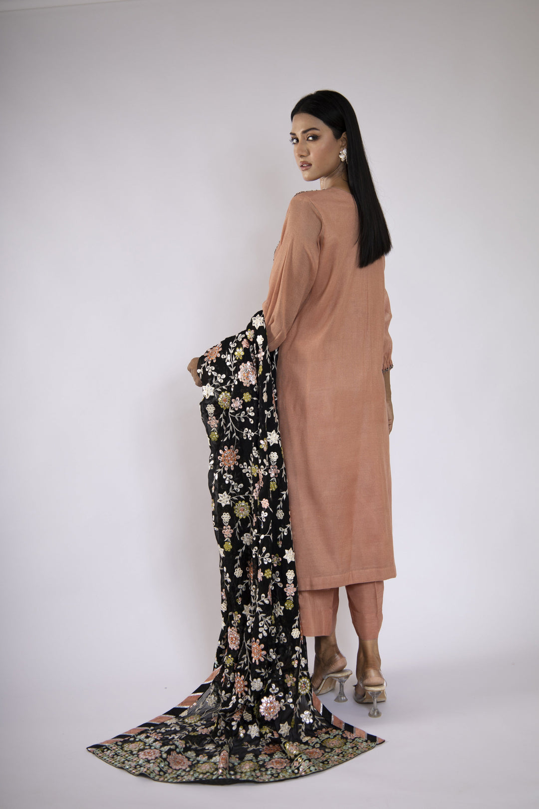 Sadia Aamir - Azara - Tea Pink Khaddi Net Shirt and Silk Culottes with Chiffon Dupatta - 3 Piece - Studio by TCS