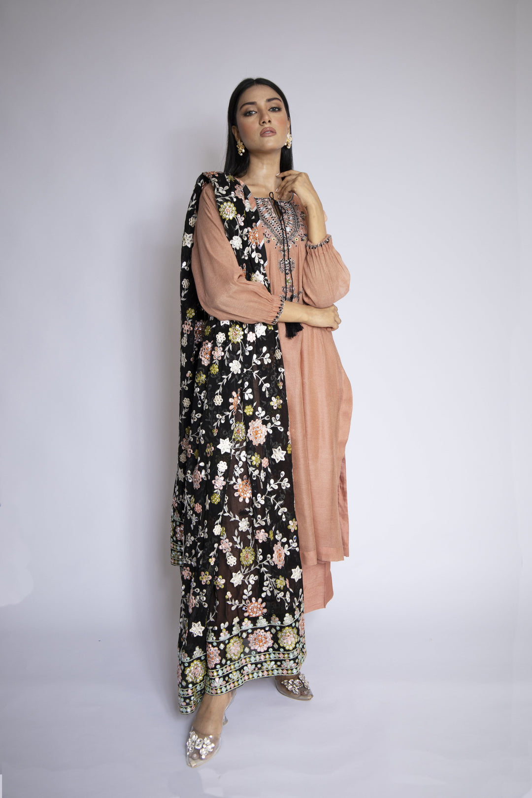 Sadia Aamir - Azara - Tea Pink Khaddi Net Shirt and Silk Culottes with Chiffon Dupatta - 3 Piece - Studio by TCS