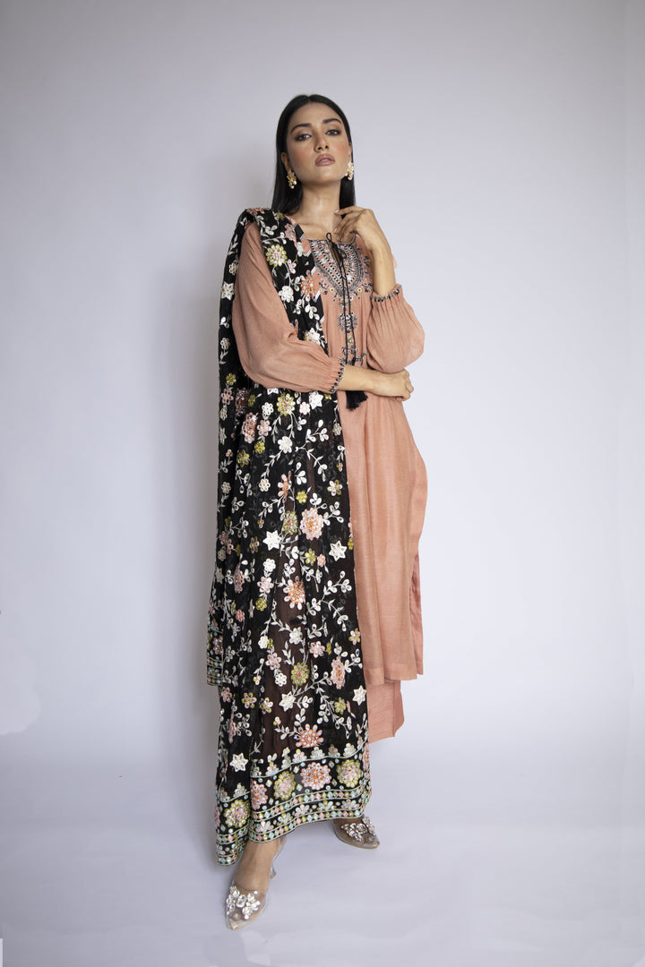 Sadia Aamir - Azara - Tea Pink Khaddi Net Shirt and Silk Culottes with Chiffon Dupatta - 3 Piece - Studio by TCS