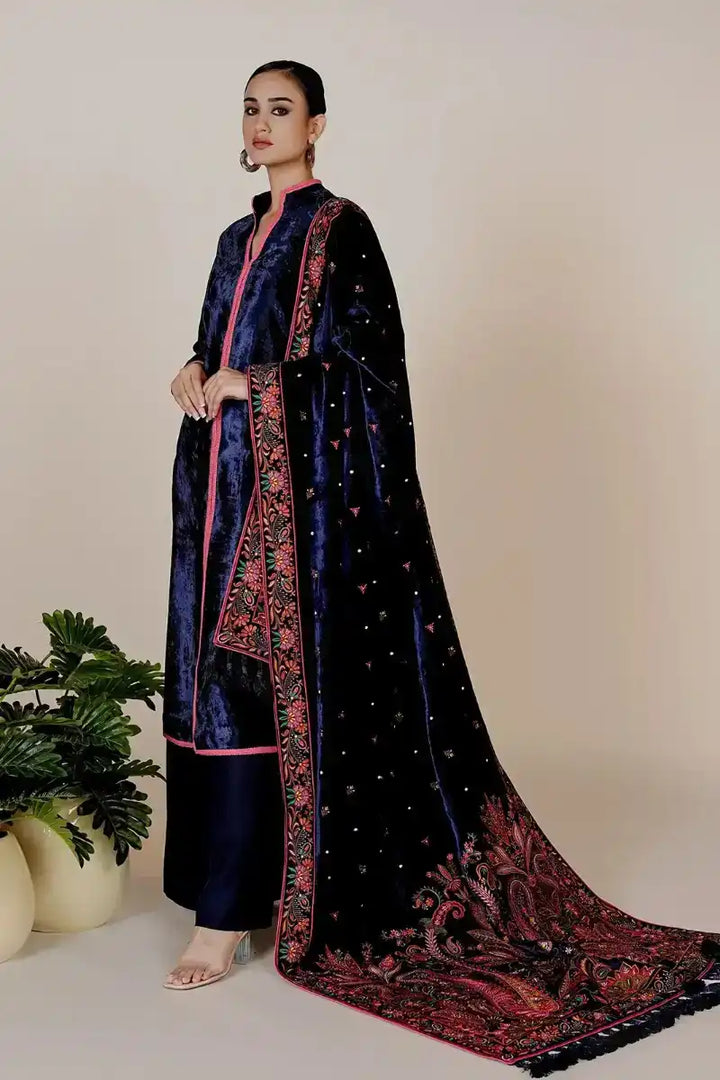 Rizwan Beyg - Amayal Blue Velvet Shawl & Shirt