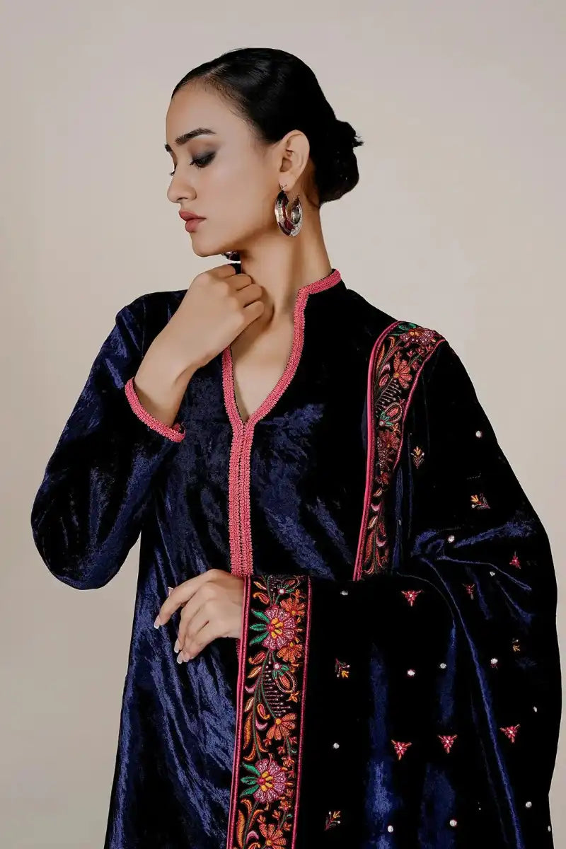 Rizwan Beyg - Amayal Blue Velvet Shawl & Shirt