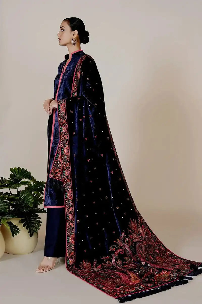 Rizwan Beyg - Amayal Blue Velvet Shawl & Shirt