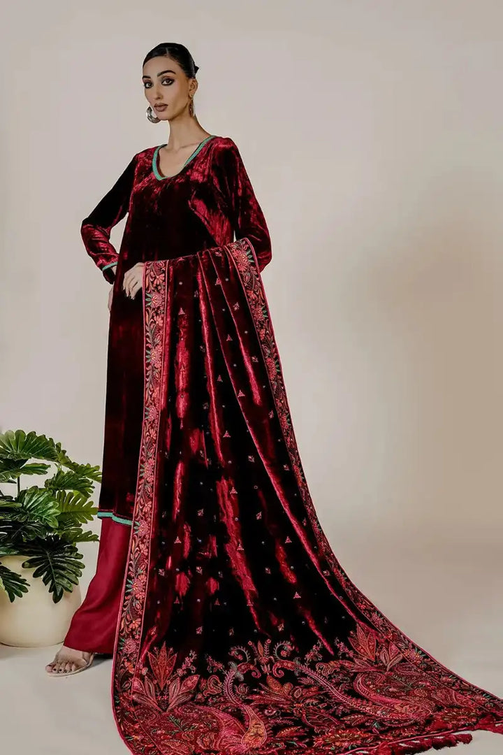 Rizwan Beyg - Amayal Maroon Velvet Shawl & Shirt