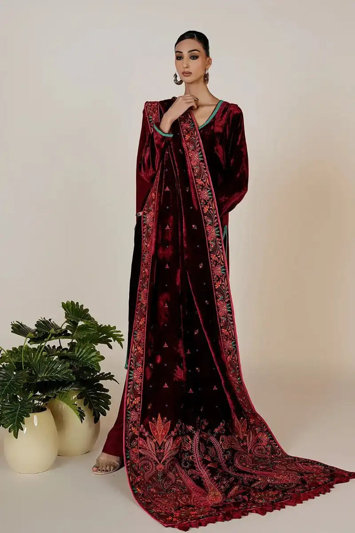 Rizwan Beyg - Amayal Maroon Velvet Shawl & Shirt