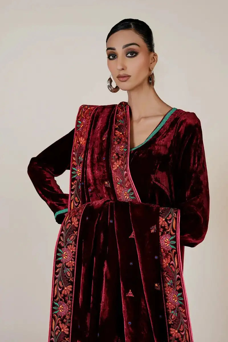 Rizwan Beyg - Amayal Maroon Velvet Shawl & Shirt