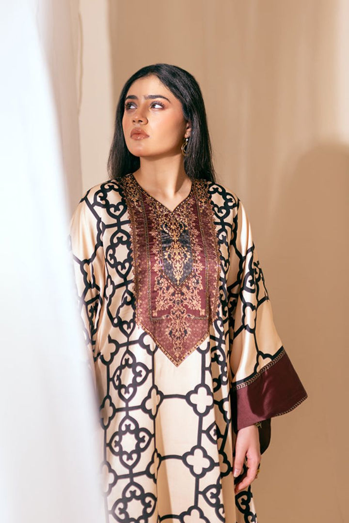 Fozia Khalid - Ember Essence - Kaftan - Rawsilk - Brown & Beige - 1 Piece