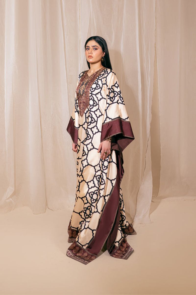 Fozia Khalid - Ember Essence - Kaftan - Rawsilk - Brown & Beige - 1 Piece