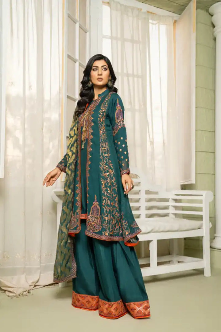 Sarajahan - Mahpara - Chiffon - Teal - 3 Piece