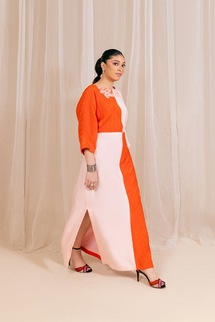 Fozia Khalid - Coral Bloom - Kaftan - Rawsilk - Coral & Pink - 1 Piece