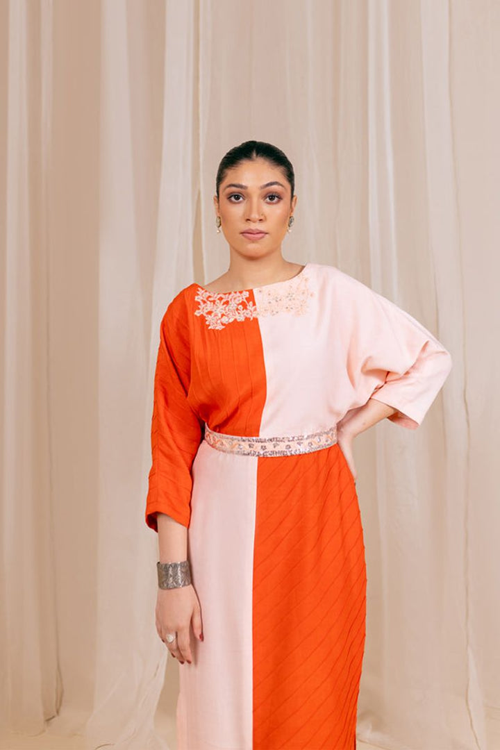 Fozia Khalid - Coral Bloom - Kaftan - Rawsilk - Coral & Pink - 1 Piece