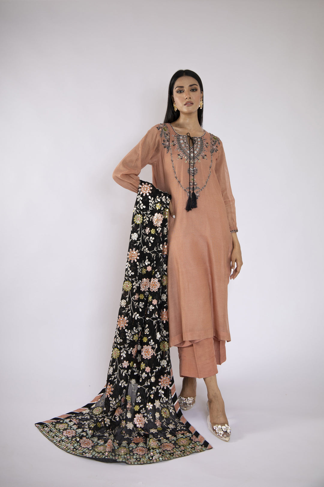 Sadia Aamir - Azara - Tea Pink Khaddi Net Shirt and Silk Culottes with Chiffon Dupatta - 3 Piece - Studio by TCS