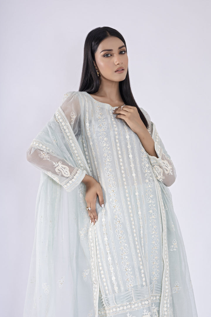 Sadia Aamir - Mina - Ice Blue Khaddi Net Shirt and Dupatta with Culottes - 3 Piece - Studio by TCS