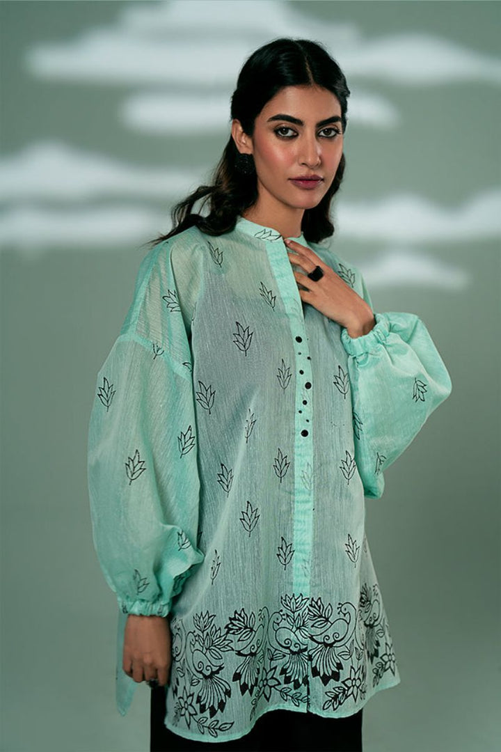 FOZIA KHALID  - Mint Green Peacock Tunic - Mint Green - Paper Silk - 1 Piece