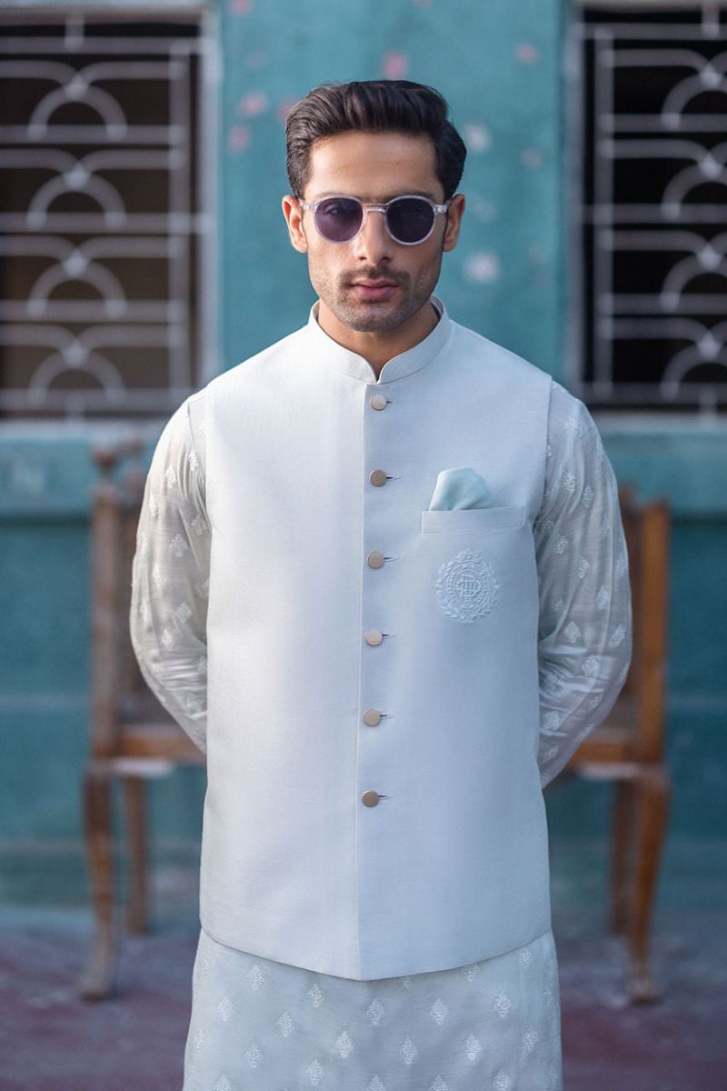 Deepak Perwani  - Mof1837 & jkt1453 - Mint Blue - Raw Silk - 3 Piece