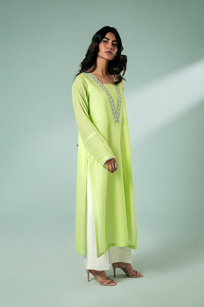 FOZIA KHALID  - Lime Green Embroidered Tunic - Lime Green - Karandi - 1 Piece