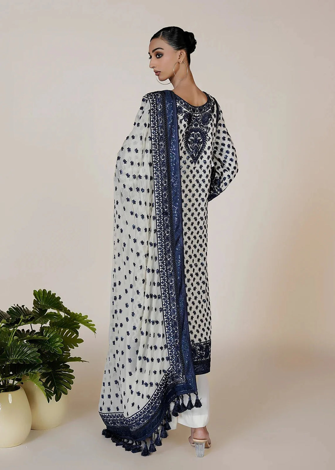 Rizwan Beyg - Marori Embroidery Blue  & White Shirt & Dupatta