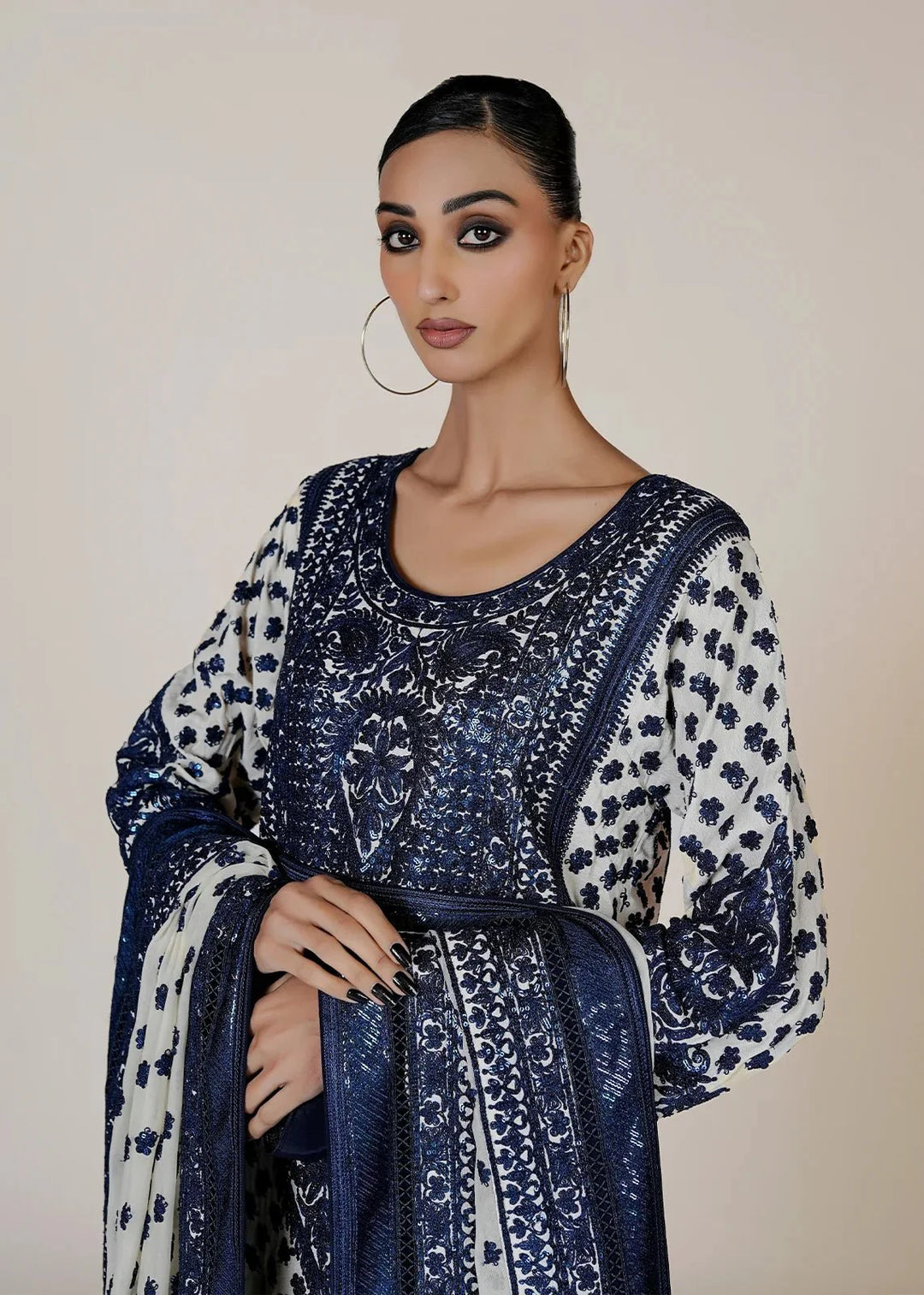 Rizwan Beyg - Marori Embroidery Blue  & White Shirt & Dupatta