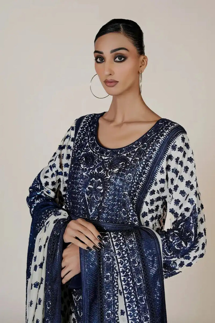 Rizwan Beyg - Marori Embroidery Blue  & White Shirt & Dupatta