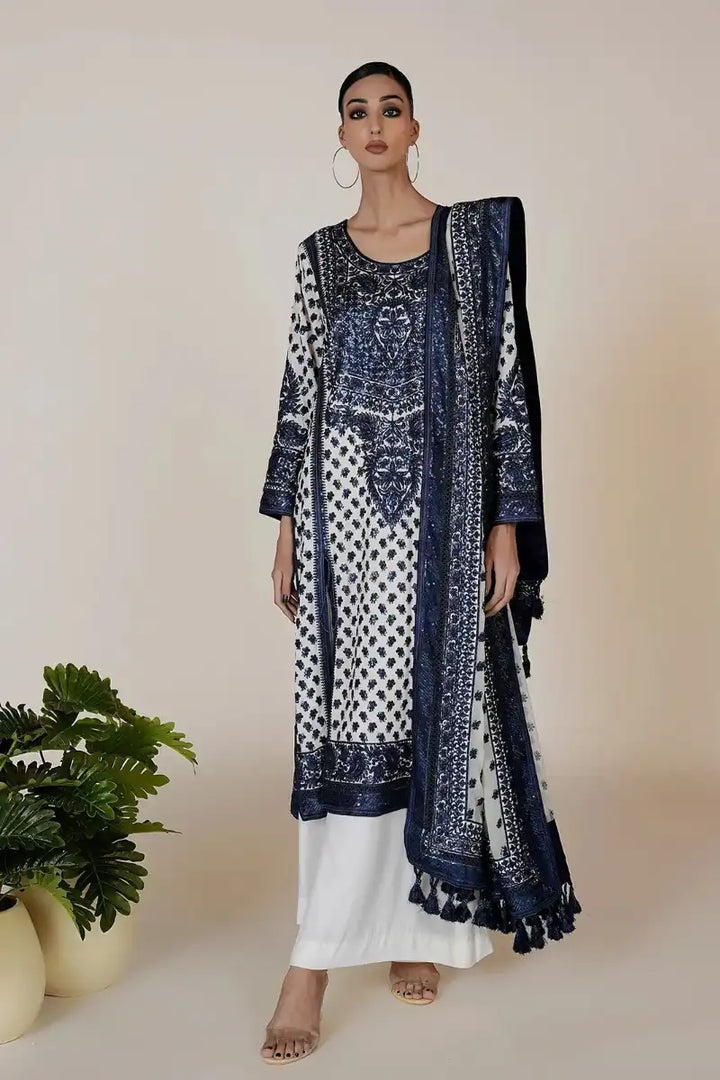 Rizwan Beyg - Marori Embroidery Blue  & White Shirt & Dupatta