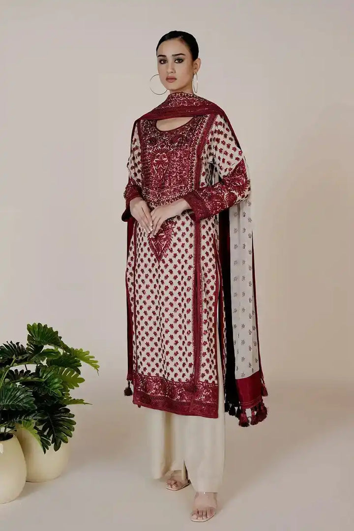 Rizwan Beyg - Marori Embroidery Red & White Shirt & Dupatta