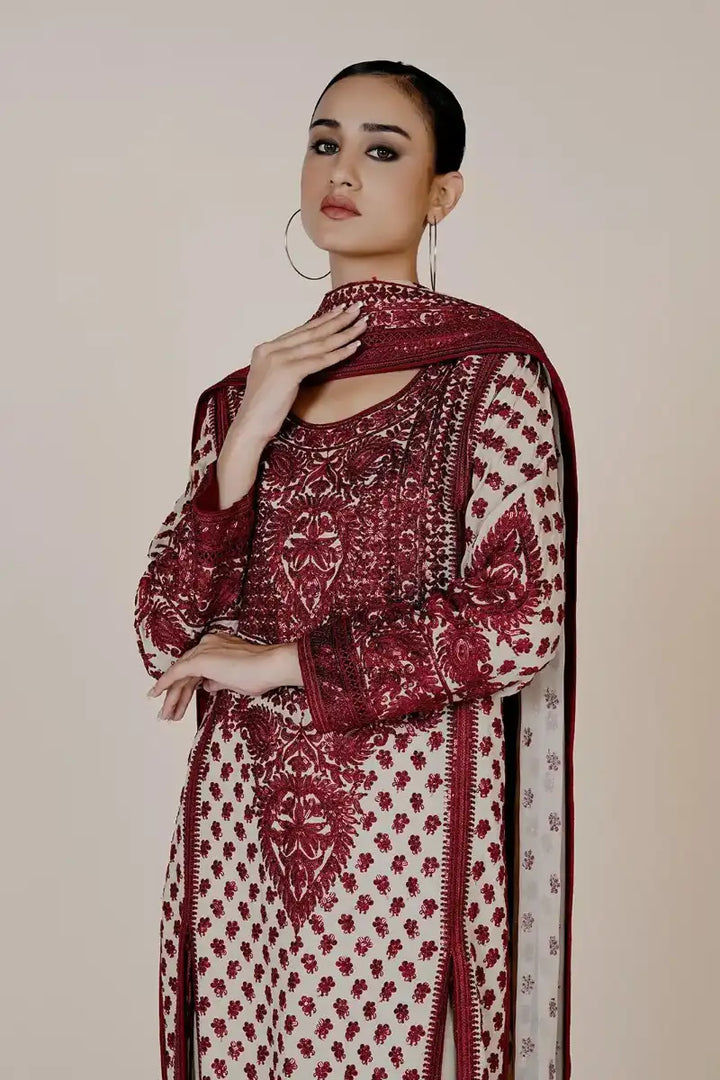 Rizwan Beyg - Marori Embroidery Red & White Shirt & Dupatta