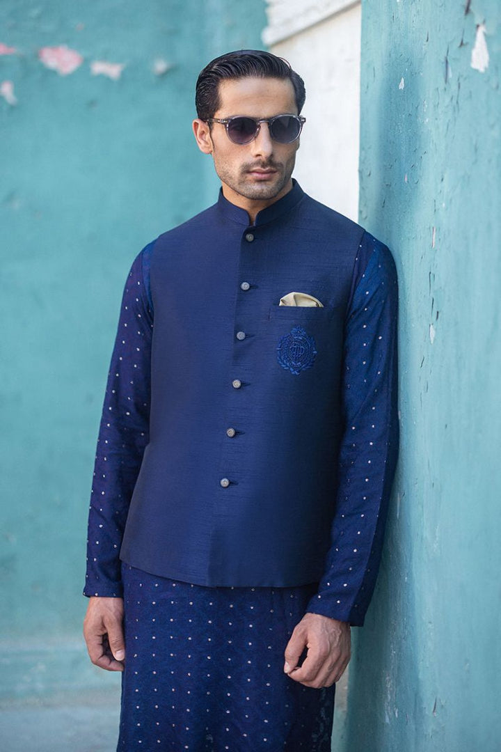 Deepak Perwani  - mof1897-1 & jkt1452 - Royal Blue - Raw Silk - 3 Piece