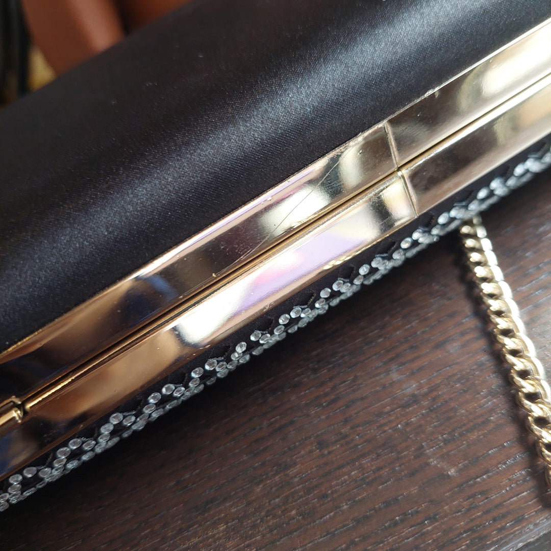 Pre-Loved Treasures - Steve Madden Black Satin with Silver Rhinestones Box Clutch | Gently Used