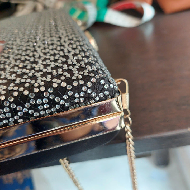 Pre-Loved Treasures - Steve Madden Black Satin with Silver Rhinestones Box Clutch | Gently Used