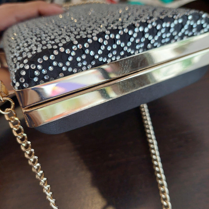 Pre-Loved Treasures - Steve Madden Black Satin with Silver Rhinestones Box Clutch | Gently Used