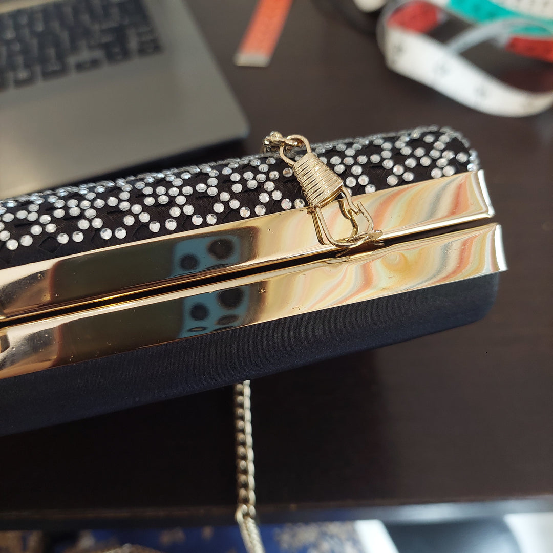 Pre-Loved Treasures - Steve Madden Black Satin with Silver Rhinestones Box Clutch | Gently Used