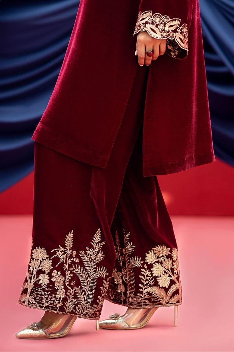 Fozia Khalid - Azara - Velvet - Maroon - 3 Piece - Studio by TCS