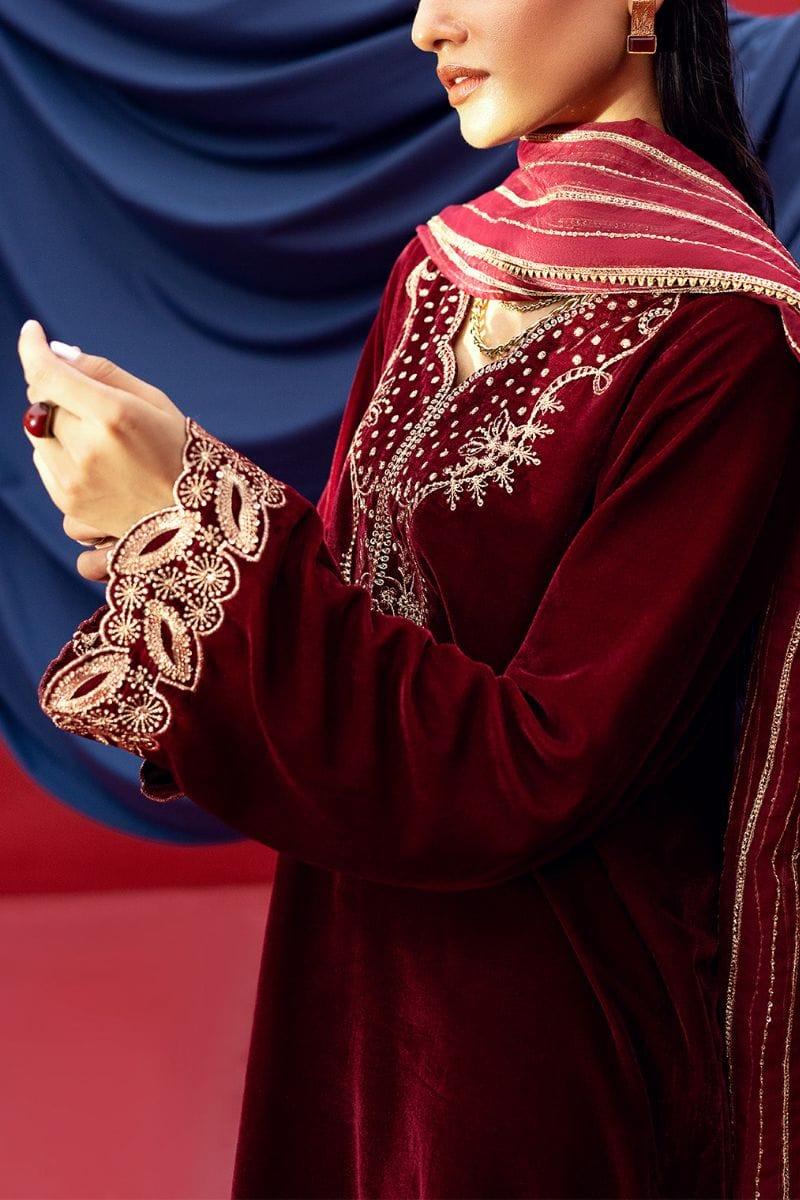 Fozia Khalid - Azara - Velvet - Maroon - 3 Piece - Studio by TCS