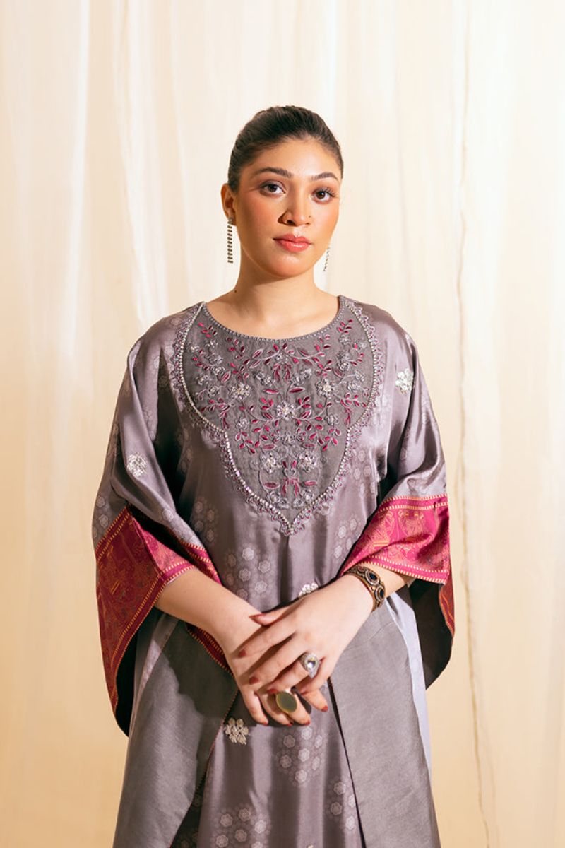 Fozia Khalid - Moonlit Kaftaan - Kaftan - Rawsilk - Grey - 1 Piece