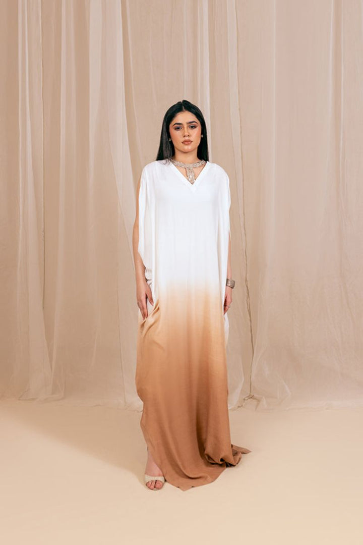 Fozia Khalid - Ombre Whisper - Kaftan - Rawsilk - White & Brown