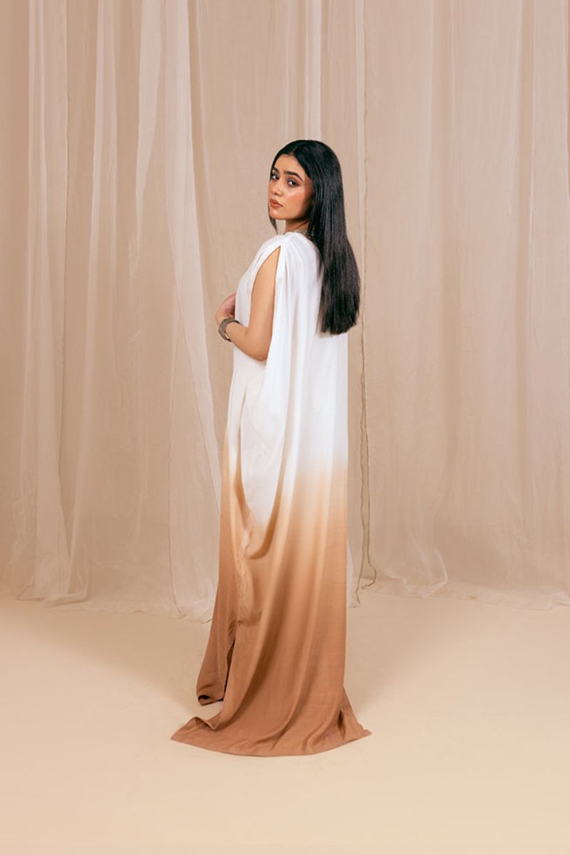 Fozia Khalid - Ombre Whisper - Kaftan - Rawsilk - White & Brown