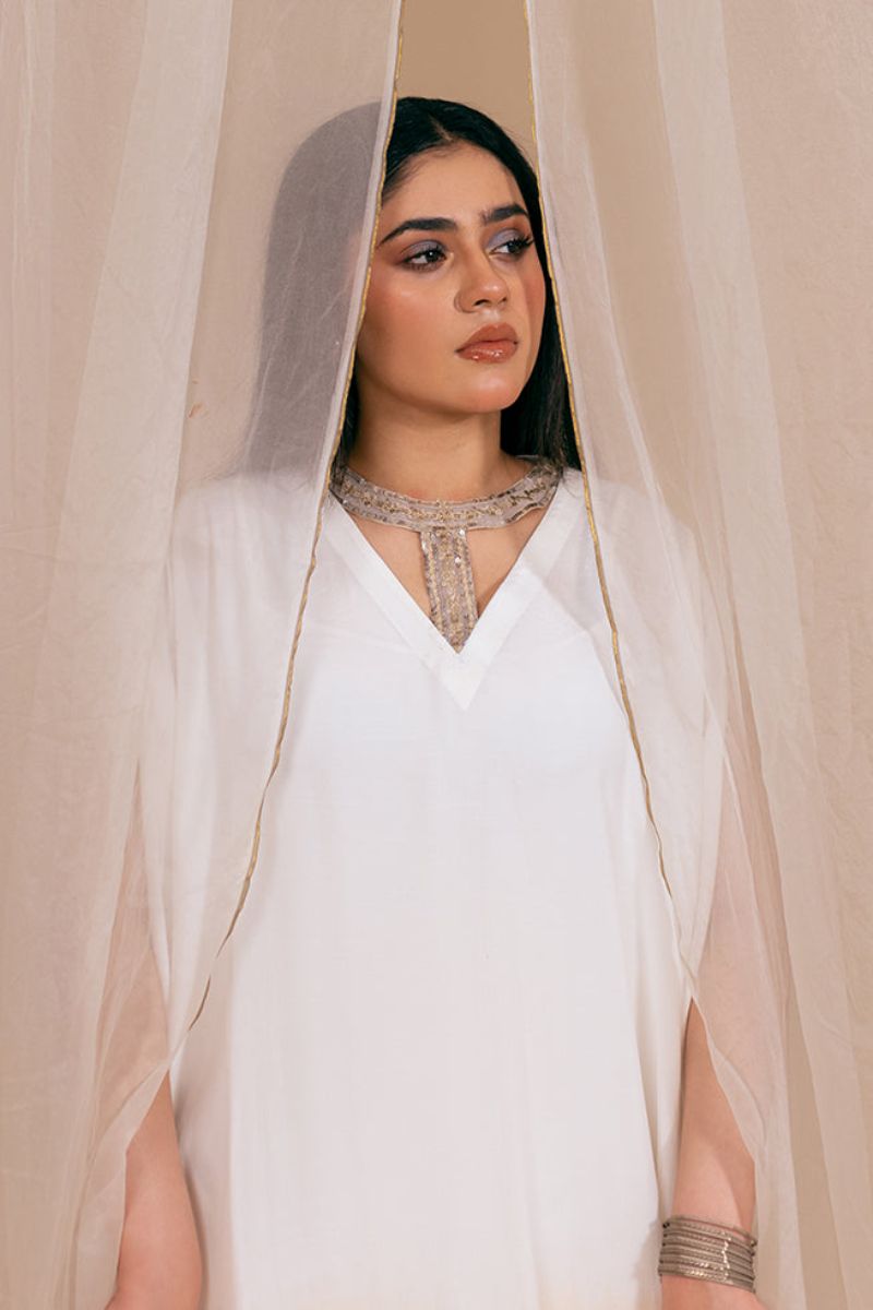 Fozia Khalid - Ombre Whisper - Kaftan - Rawsilk - White & Brown