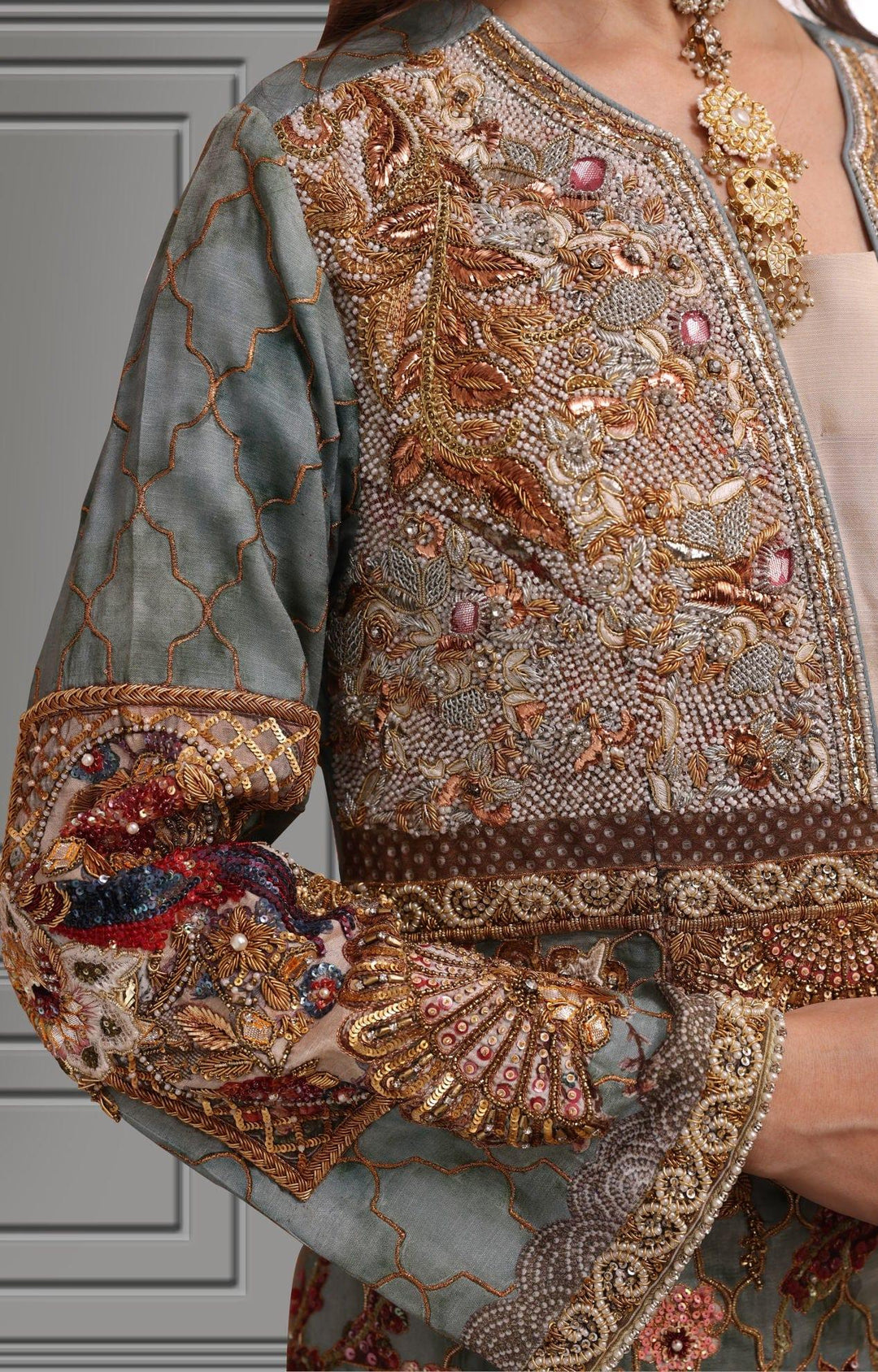 Shamaeel - Silk Embroidered Long Jacket with Off-white Silk Inner and Pants - Studio by TCS