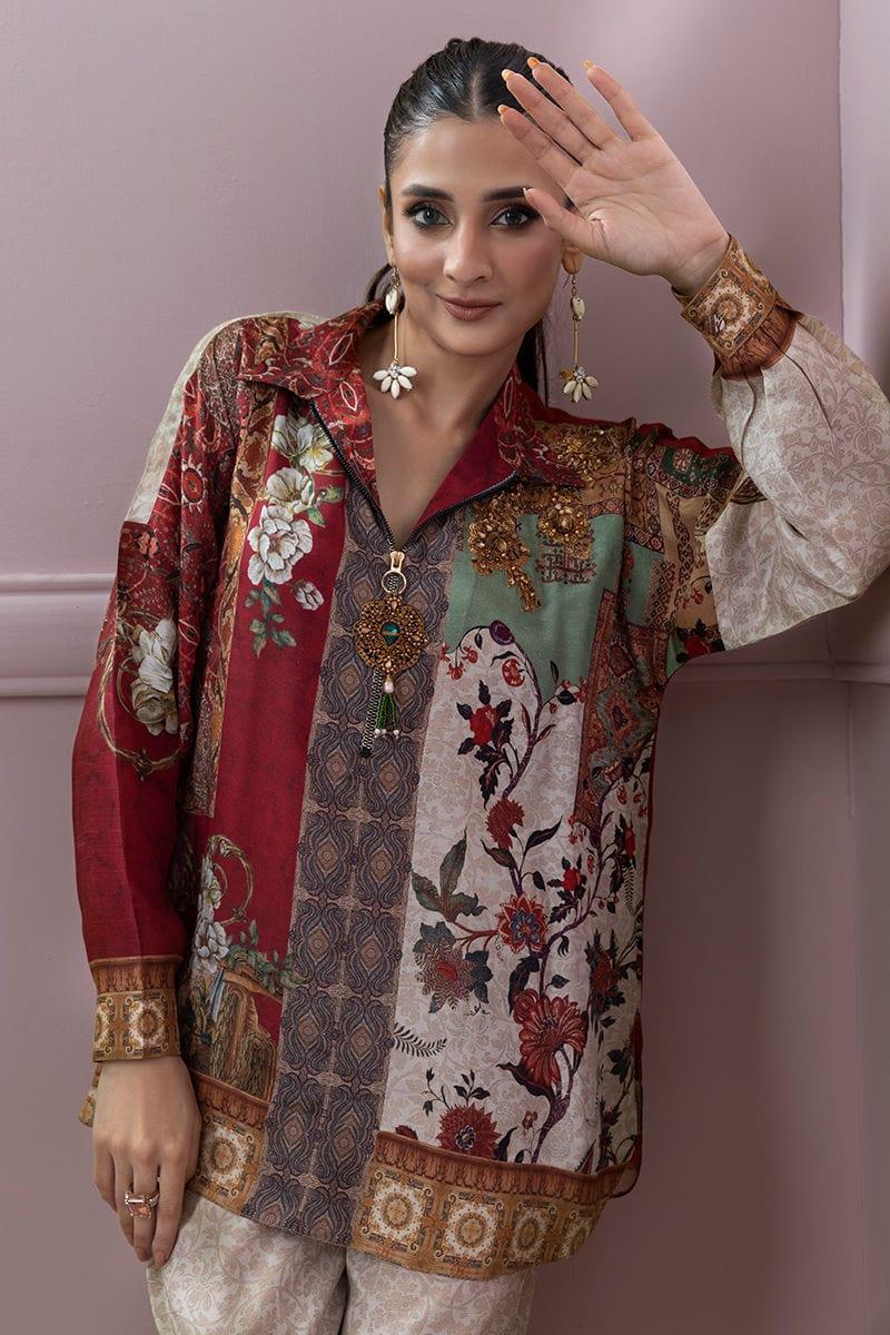 Shamaeel - Silk Embroidered Collared Shirt with Silk Printed Pants - Studio by TCS