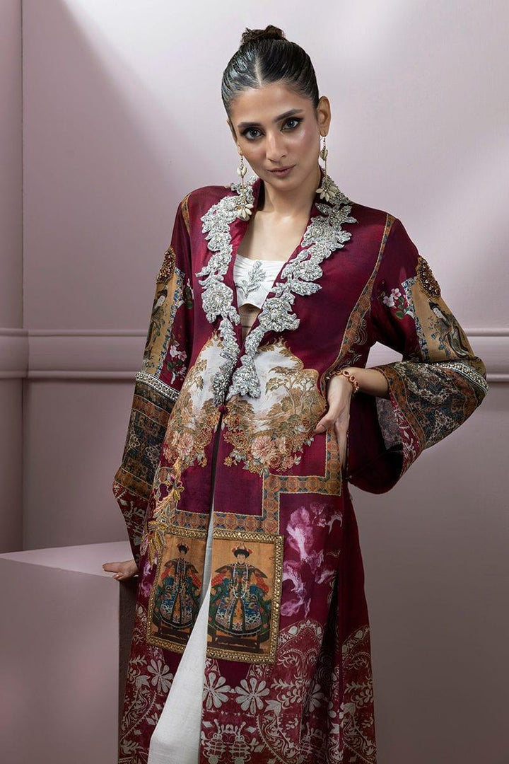 Shamaeel - Maroon Silk Embroidered Open Jacket with Silk Inner and Pants - Studio by TCS