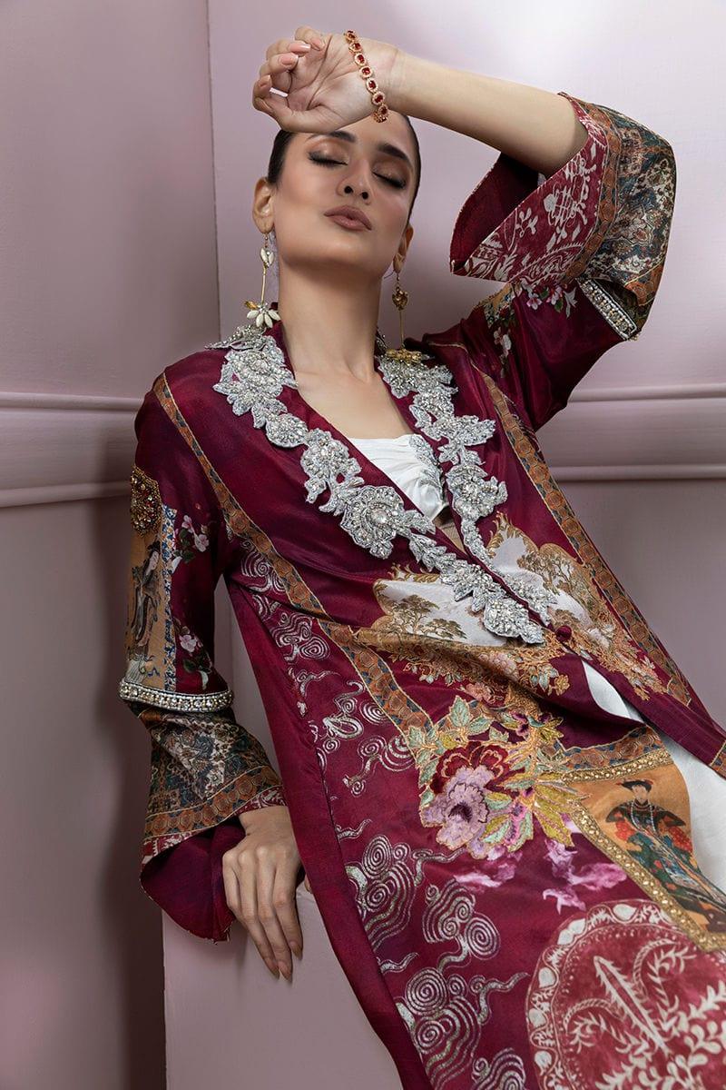 Shamaeel - Maroon Silk Embroidered Open Jacket with Silk Inner and Pants - Studio by TCS