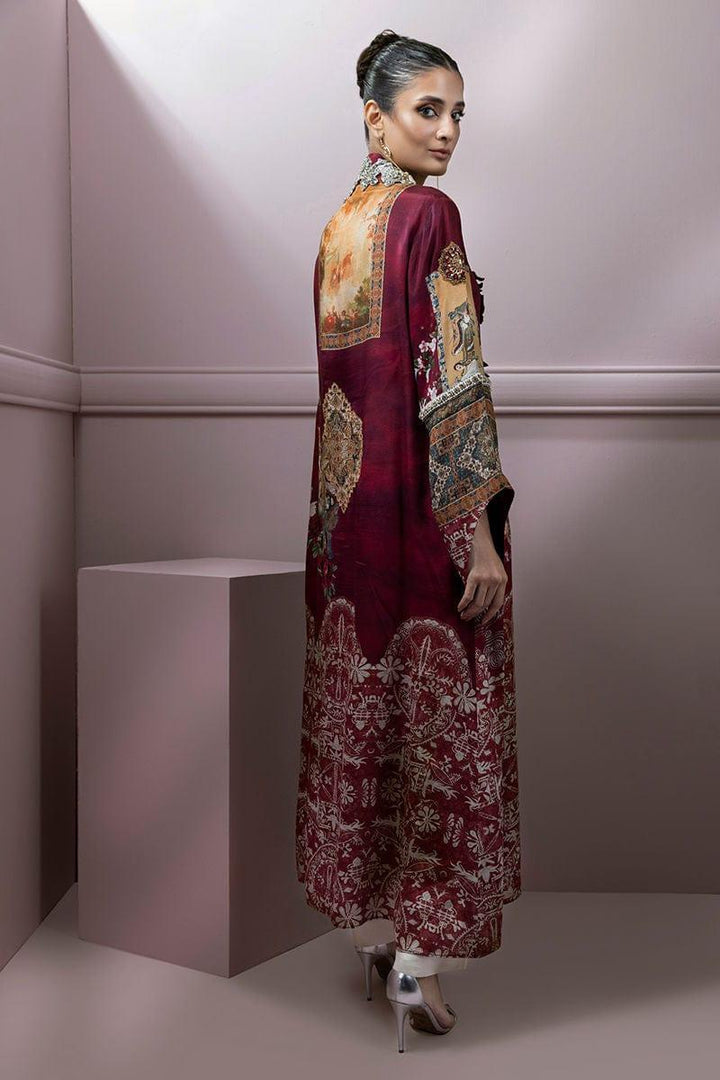 Shamaeel - Maroon Silk Embroidered Open Jacket with Silk Inner and Pants - Studio by TCS